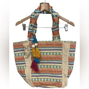 Canvas Tote Large Multi Tassel Fringe Beach Boho Colorful NWOT